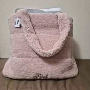 Victoria's Secret PINK Cozy Plush Tote and Sherpa Blanket Fuzzy Fluffy Grey